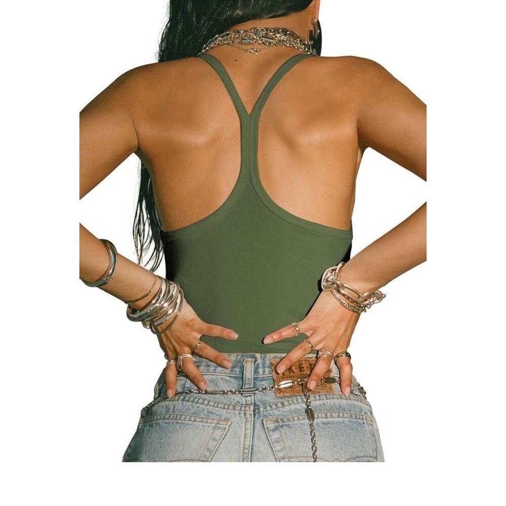 Workout Tops Tank Tops Basic Cute   Slim Fit Yoga Gym Rib Army Green XLarge